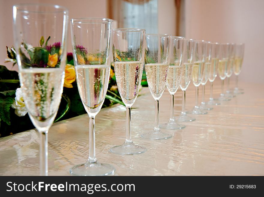 Champagne glasses on festive table