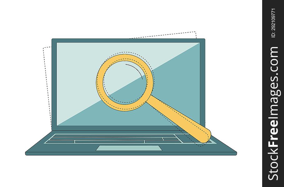 Web search concept. Laptop with a magnifying glass on the screen, with a magnifier. Vector illustration on a white background