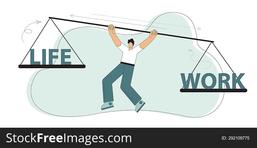 Balance work and personal life, like a career or family relationship. A man holds in his hands the scales on which life and work. Vector flat illustration