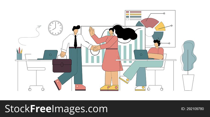 Employment concept. Congratulations to the employee with the start of work. The male worker and the female leader shake hands. Vector flat illustration