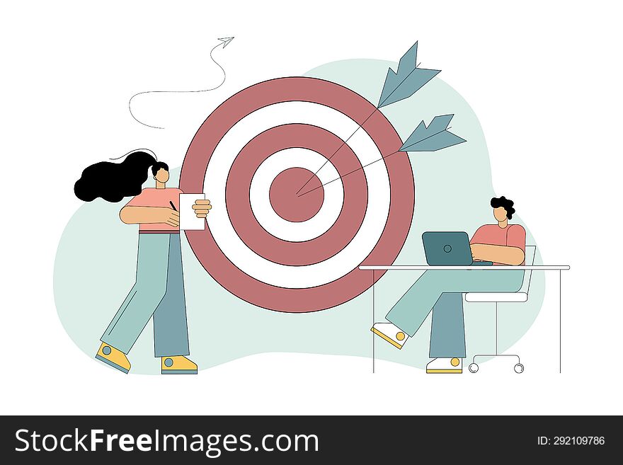 Goal setting. Accurate shot. Focusing on the work goal and achieving the best results for the task. Vector flat illustration