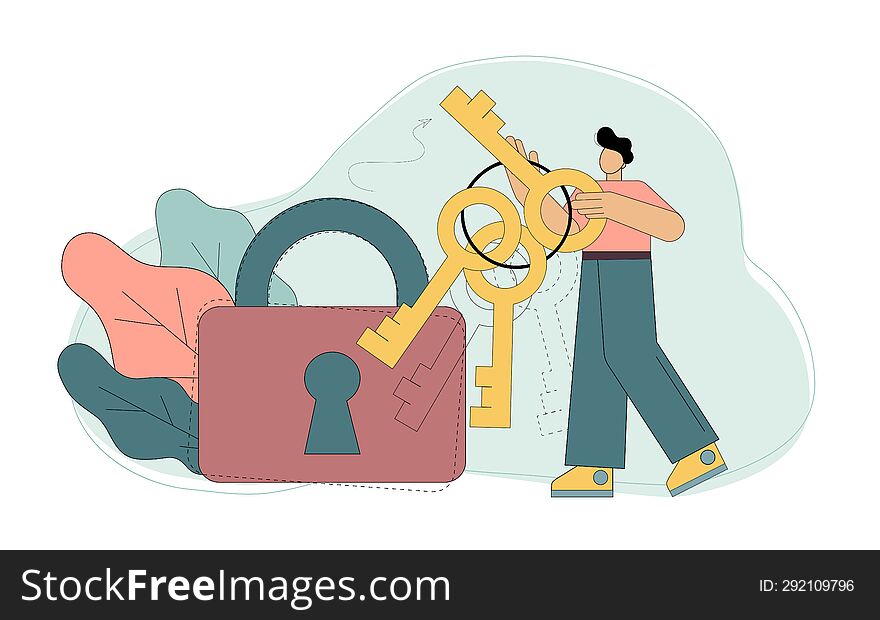 Key selection. Choice. Man looking for forgotten password, account protection. Search for the answer to the question. Vector flat illustration