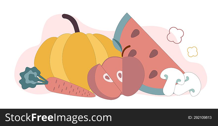 Vegetarianism. Healthy Food. Still Life Of Vegetables And Fruits. Vector Flat Illustration