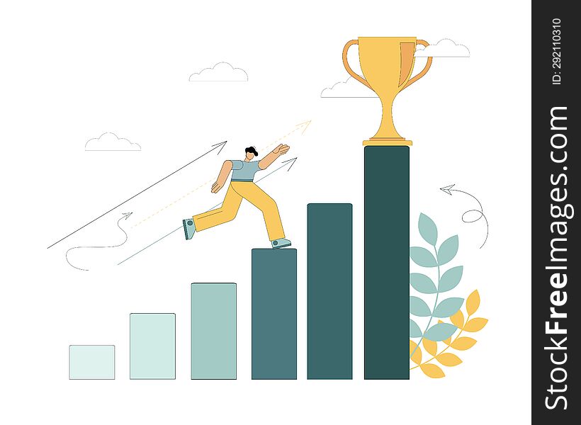 Vector flat illustration. A person runs towards his goal along the bars of the histogram. Moving up the career ladder. Motivation for success