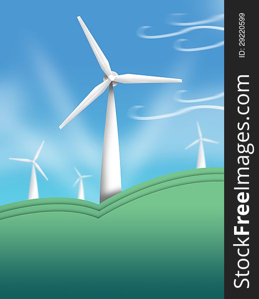 Illustration of Wind Turbines on a windy hill. Illustration of Wind Turbines on a windy hill