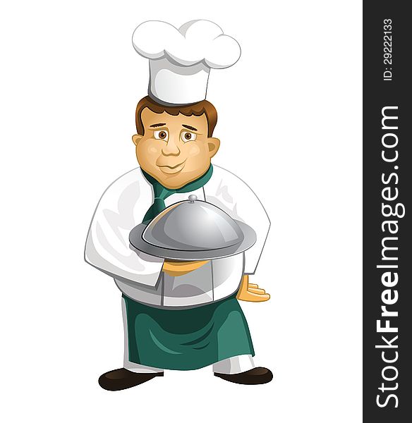 Chef In Uniform With Metal Cloche Isolated