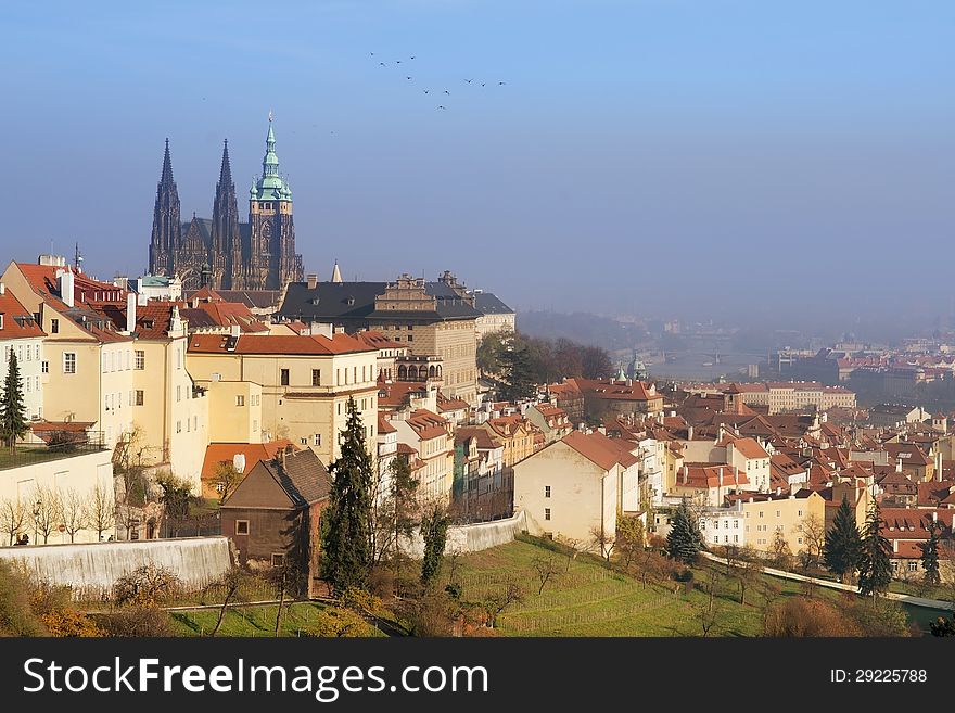 Cityscape of Hradcany with St. Vitus Cathedral, old Prague, Czech republic