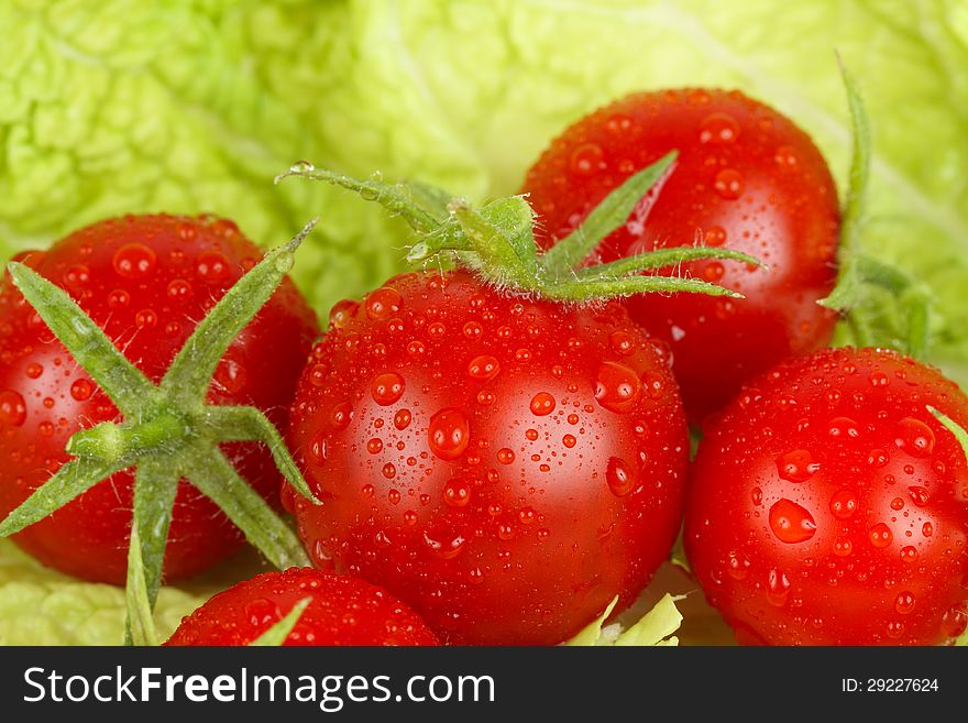 Fresh and wet tomatoes lying on the salad leaves