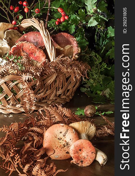 Basket with mushrooms on wooden table