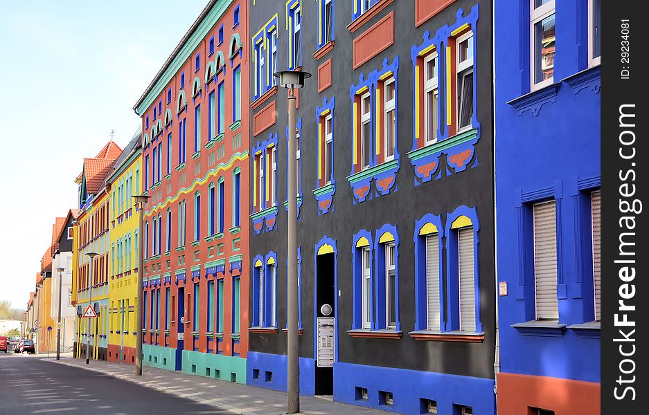 A street with colorful houses in Magdeburg