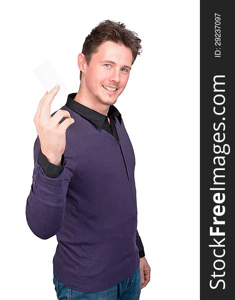 Man with business card in hand