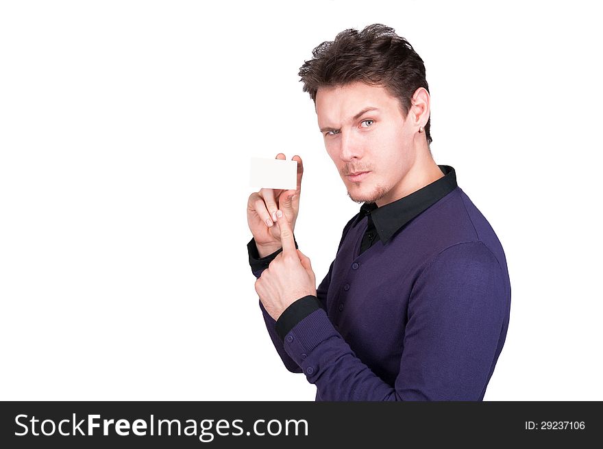 Man with business card in hand