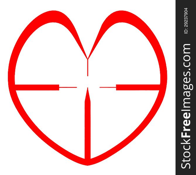 Red heart as sniper rifle sight is isolated on white background. Metaphor for valentine, medical, cardiac targets. White area is free for your text or targeted subject. Red heart as sniper rifle sight is isolated on white background. Metaphor for valentine, medical, cardiac targets. White area is free for your text or targeted subject.