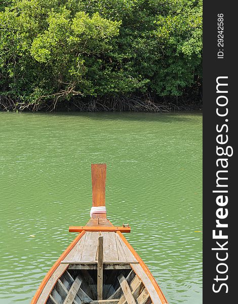 A wooden boat is heading to mangrove forest. A wooden boat is heading to mangrove forest