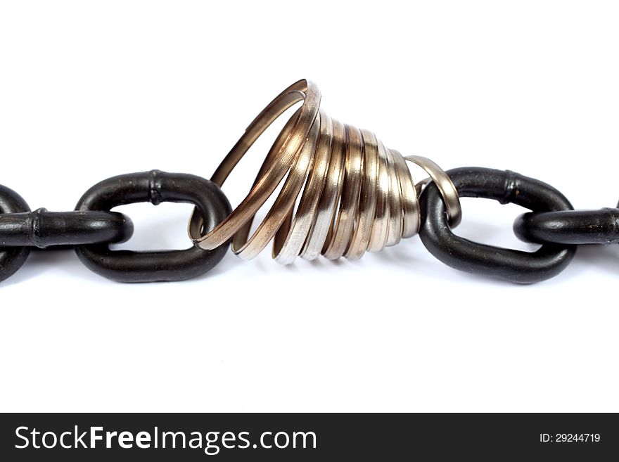 Two chains linked by a steel shaving isolated on a white background