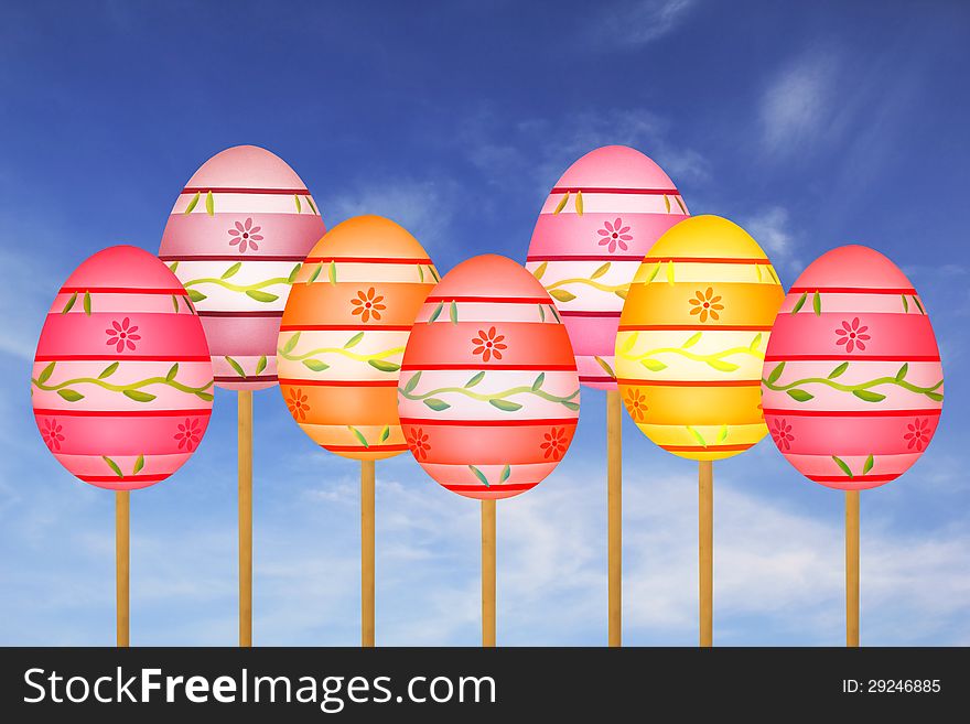 Colorful Easter  eggs on wooden sticks in the sky. Colorful Easter  eggs on wooden sticks in the sky