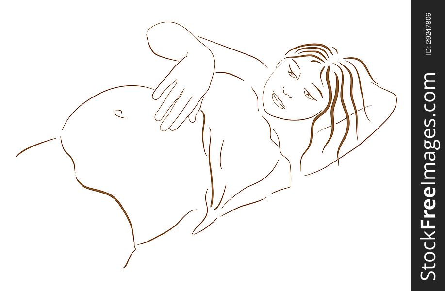 Pregnant woman looking at her belly on the white background