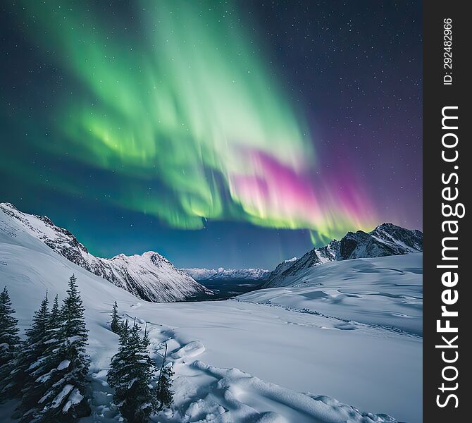 Majestic view of the Northern Lights over a snow-covered mountain, high-res photography