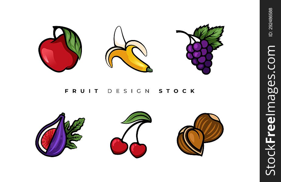 This is Fruit design asset bundle, Modern Vector and Colorful Design. Apple, Banana, Cherry, Fig, Grape and Hazelnut Fruit