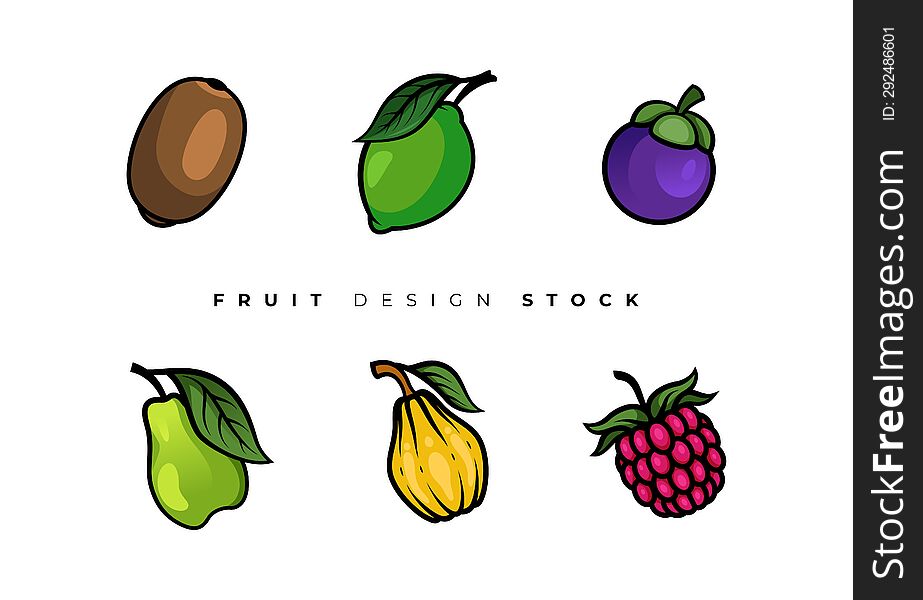 This Is Fruit Design Asset Bundle, Modern Vector And Colorful Design. Kiwi, Lime, Mangosteen, Pear, Quince And Raspberry Fruit