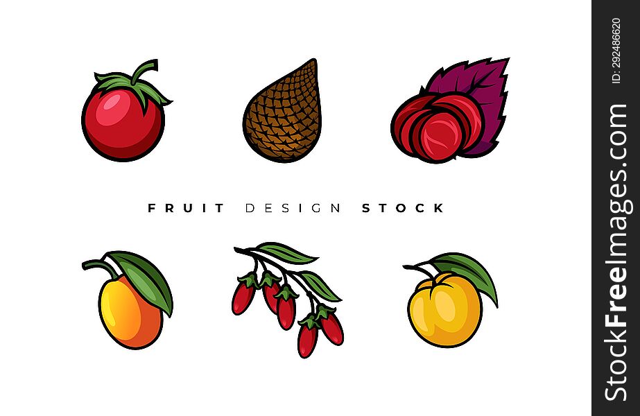 This is Fruit design asset bundle, Modern Vector and Colorful Design. Tomato, Salak, Umeboshi, Ximenia, Wolfberry and Yuzu Fruit