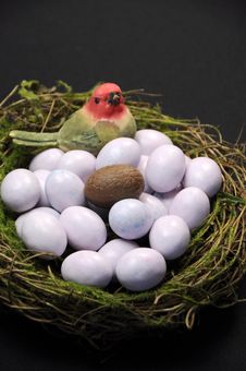 Chocolate Easter Egg Among Sugar Coated Candy Marble Eggs In Birds Nest Royalty Free Stock Image