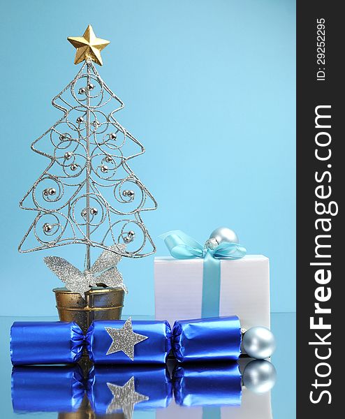 Blue Theme Christmas Gift And Bauble Decorations - Vertical.