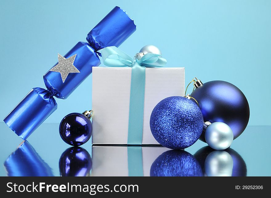 Blue Theme Christmas Gift And Bauble Decorations