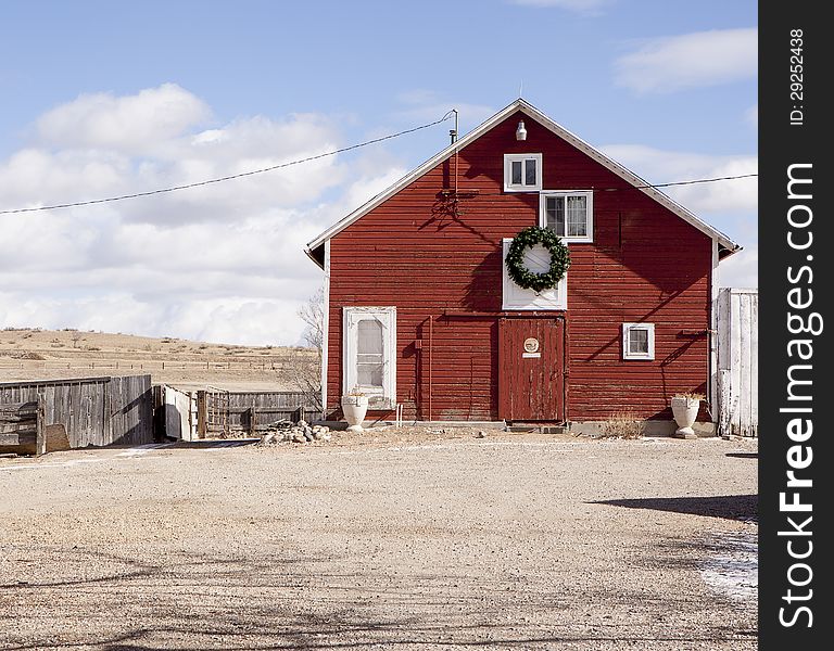 Christmas Wreath on Red Barn