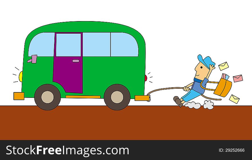 Cartoon illustration of a postman holding a rope tied to a bus. Cartoon illustration of a postman holding a rope tied to a bus