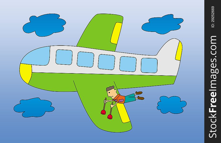 Illustration of a business man using a plunger stuck to an airplane to have a free ride. Illustration of a business man using a plunger stuck to an airplane to have a free ride