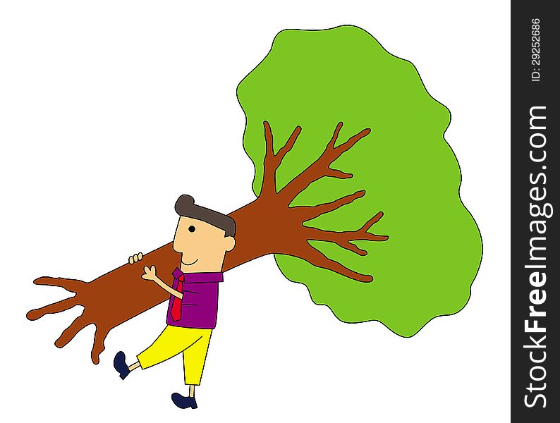 Cartoon illustration of a business man carrying a tree. Cartoon illustration of a business man carrying a tree