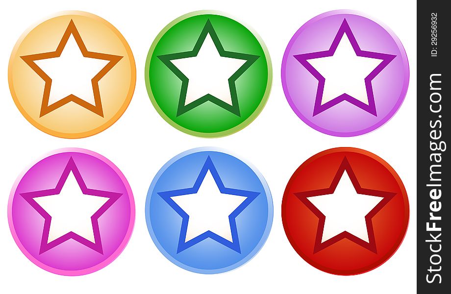 An Illustration Collection of Colorful Star with Shiny Round Buttons in Six Assorted Colours with Copy Space for Add Content or Picture. An Illustration Collection of Colorful Star with Shiny Round Buttons in Six Assorted Colours with Copy Space for Add Content or Picture