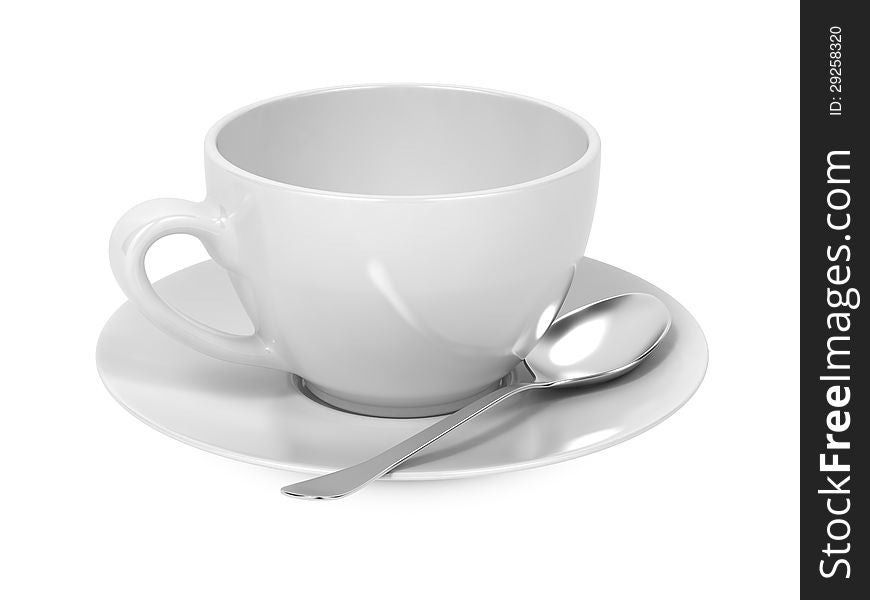 White Cup with Spoon and Saucer Isolated on White Background. White Cup with Spoon and Saucer Isolated on White Background.