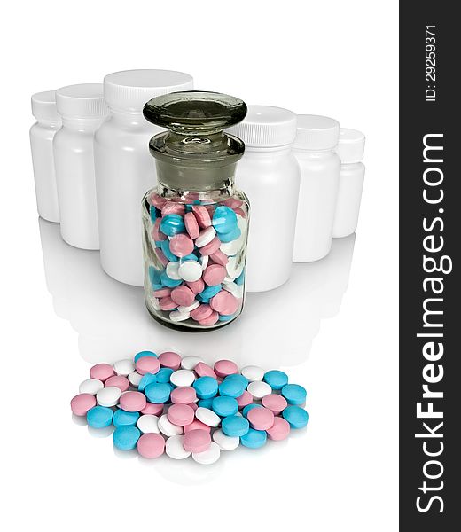 Pills, plastic small bottles and a glass vial on a white background. Pills, plastic small bottles and a glass vial on a white background