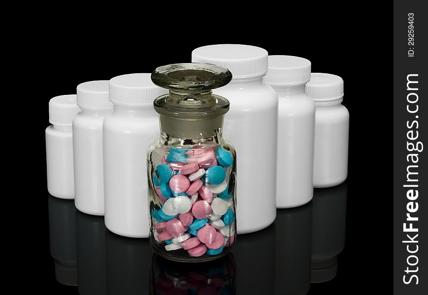 Row of pill bottles.