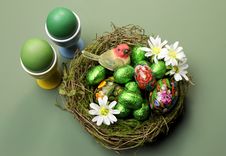 Happy Easter Nest Of Chocolate And Hand Painted Eggs Royalty Free Stock Photos Happy Easter Nest Of Chocolate And Hand Painted Eggs Royalty Free Stock Photos