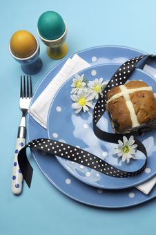 Blue Theme Happy Easter Table Setting - Vertical Aerial View. Royalty Free Stock Photo