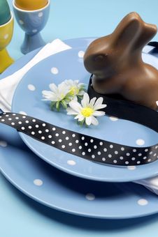 Blue Theme Happy Easter Table Setting With Bunny Stock Photography
