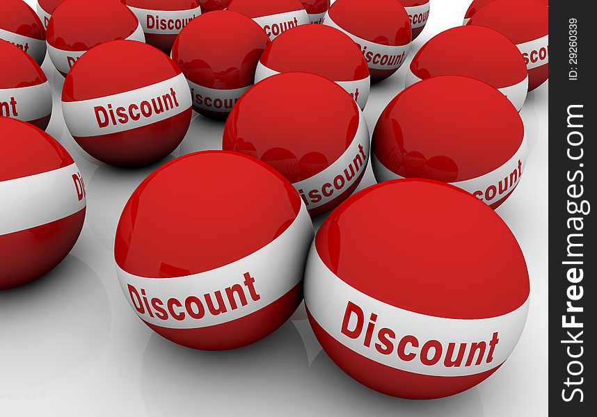 3d design. Red spheres and discount text. 3d design. Red spheres and discount text