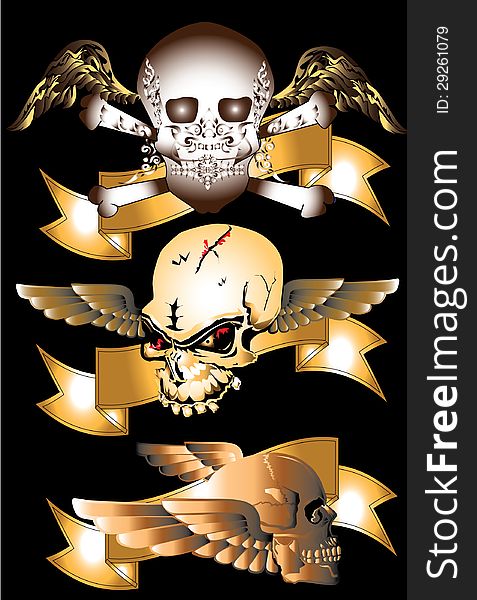 Graphic art creations. The design of the rock sports a picture of a skull with wings of darkness and death. The black background is dark and mysterious than scary. And distributor of decorative ribbon. Graphic art creations. The design of the rock sports a picture of a skull with wings of darkness and death. The black background is dark and mysterious than scary. And distributor of decorative ribbon