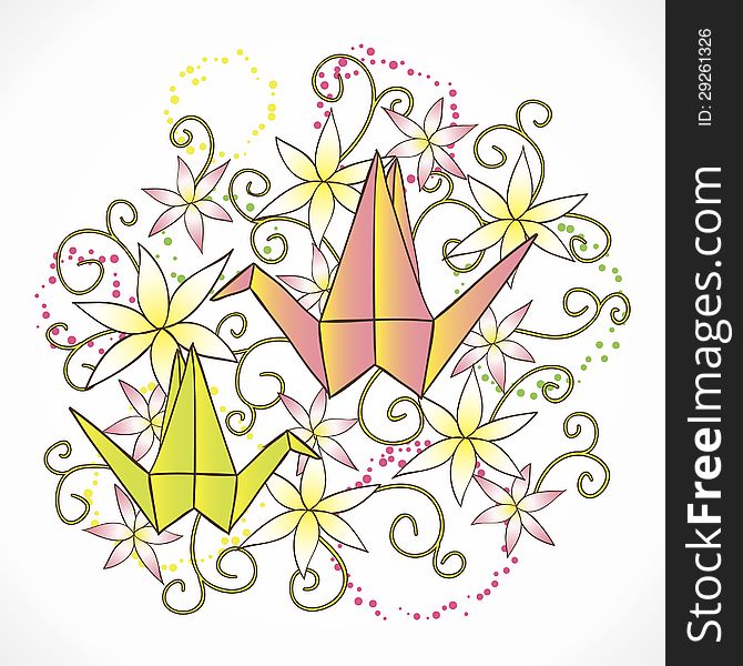 Vector bright background with origami and flowers