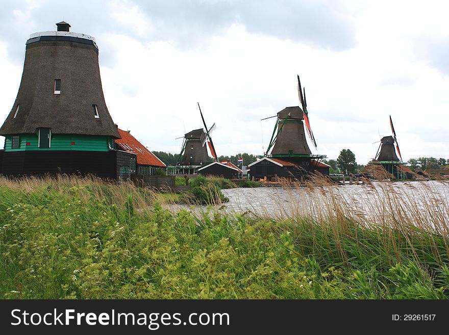 Zaanse Schans Historic Village, typical windmills in Holland, Europe. Zaanse Schans Historic Village, typical windmills in Holland, Europe