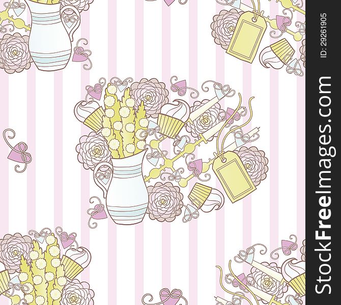 Vector seamless background with flowers and cakes. Vector seamless background with flowers and cakes