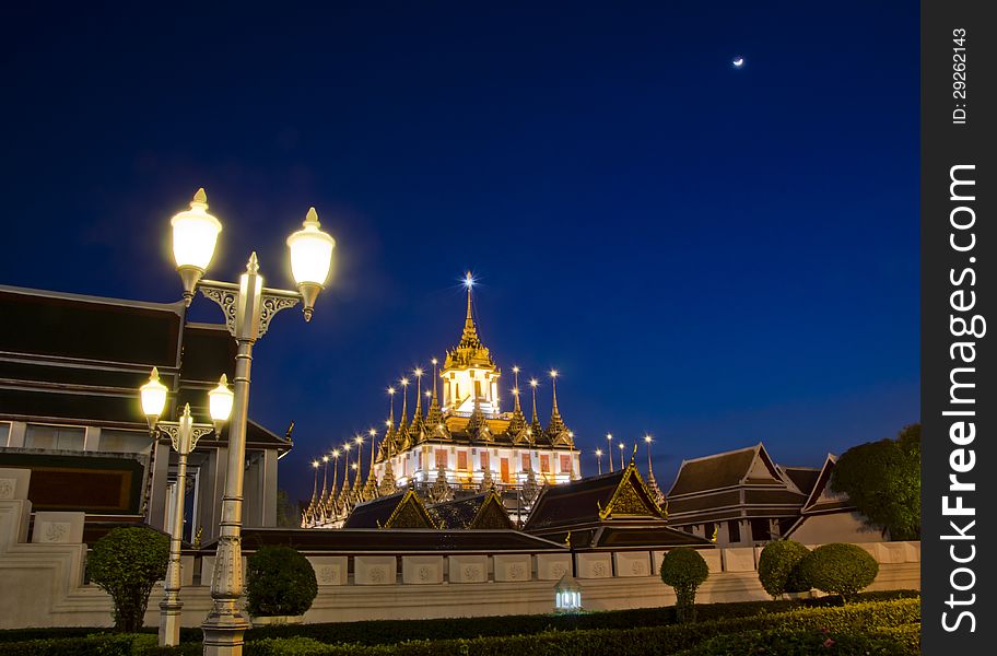 Iron temple Loha Prasat in Wat Ratchanatdaram Worawihan in night, Bangkok, Thailand