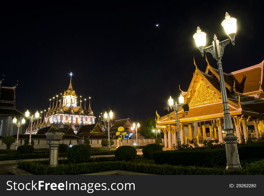 Lohaprasat in Wat Ratchanatdaram Worawihan, beautiful temple at night, Bangkok, Thailand