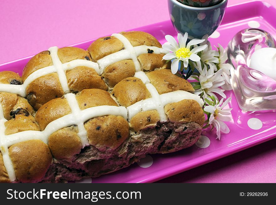 Happy Easter Hot Cross Buns On Pink Polka Dot Tray