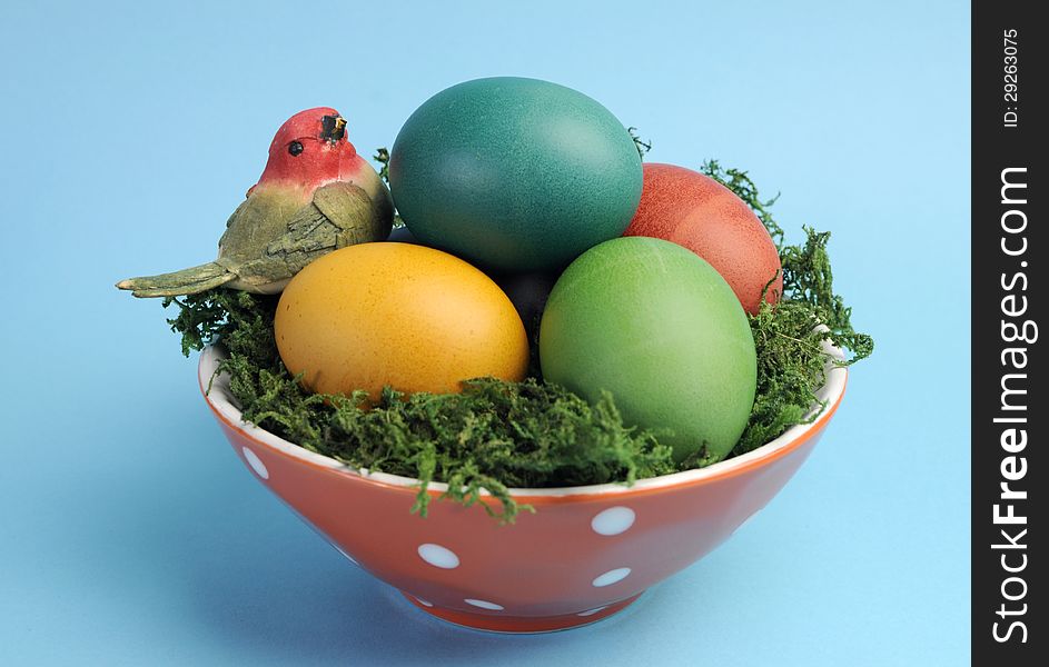 Easter still life with rainbow color eggs closeup against a blue background.