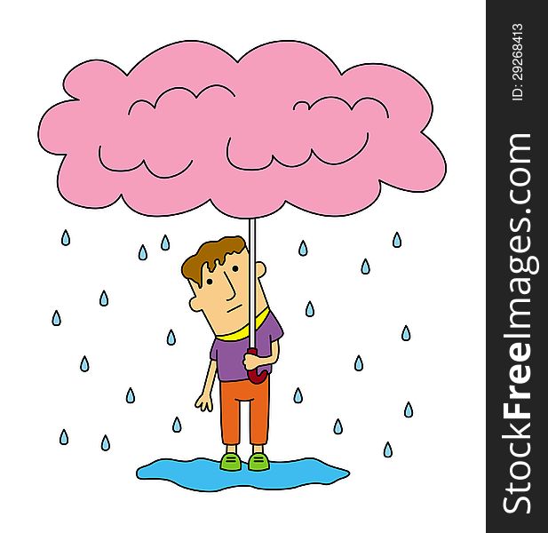 A man holding an umbrella made up of a rain cloud. A man holding an umbrella made up of a rain cloud