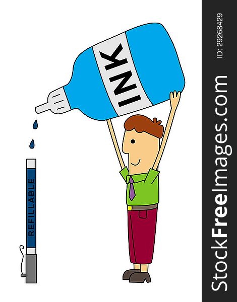 A man pouring ink from a giant ink bottle to a giant pen. A man pouring ink from a giant ink bottle to a giant pen